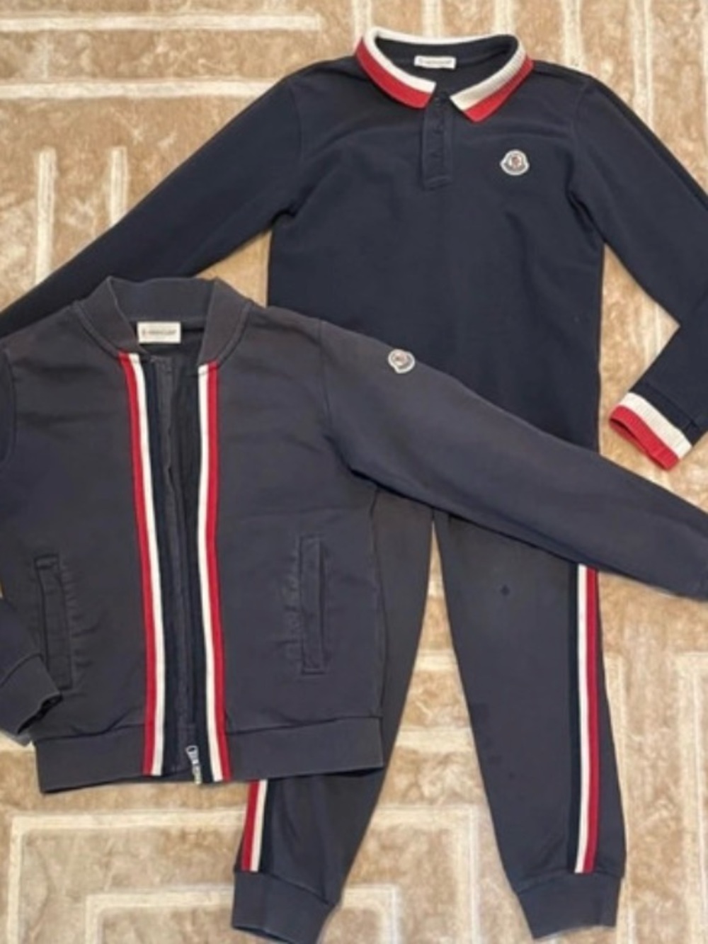 Moncler Kids' Navy Polo and Track Jacket Set with Red & White Trim